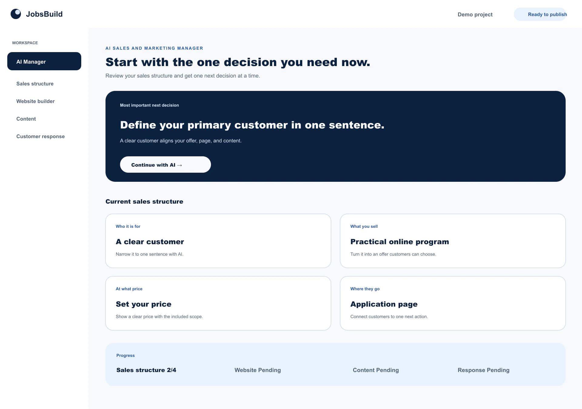 AI manager workspace showing the next action and four-part sales structure