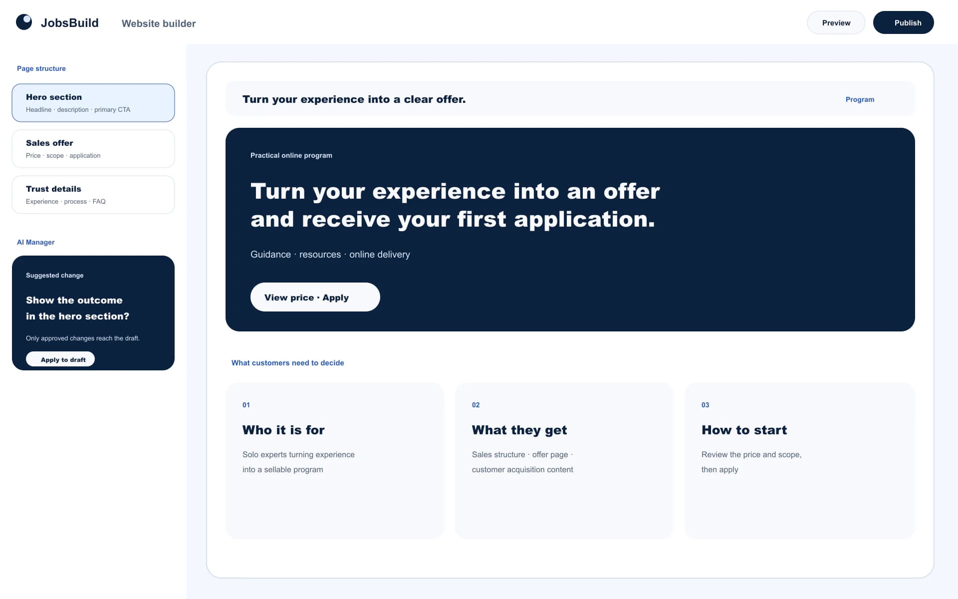 Website editor and preview with a fixed-price sales item and application button